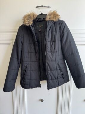 Celebrity Pink Black Quilted Jacket with Faux Fur Hood